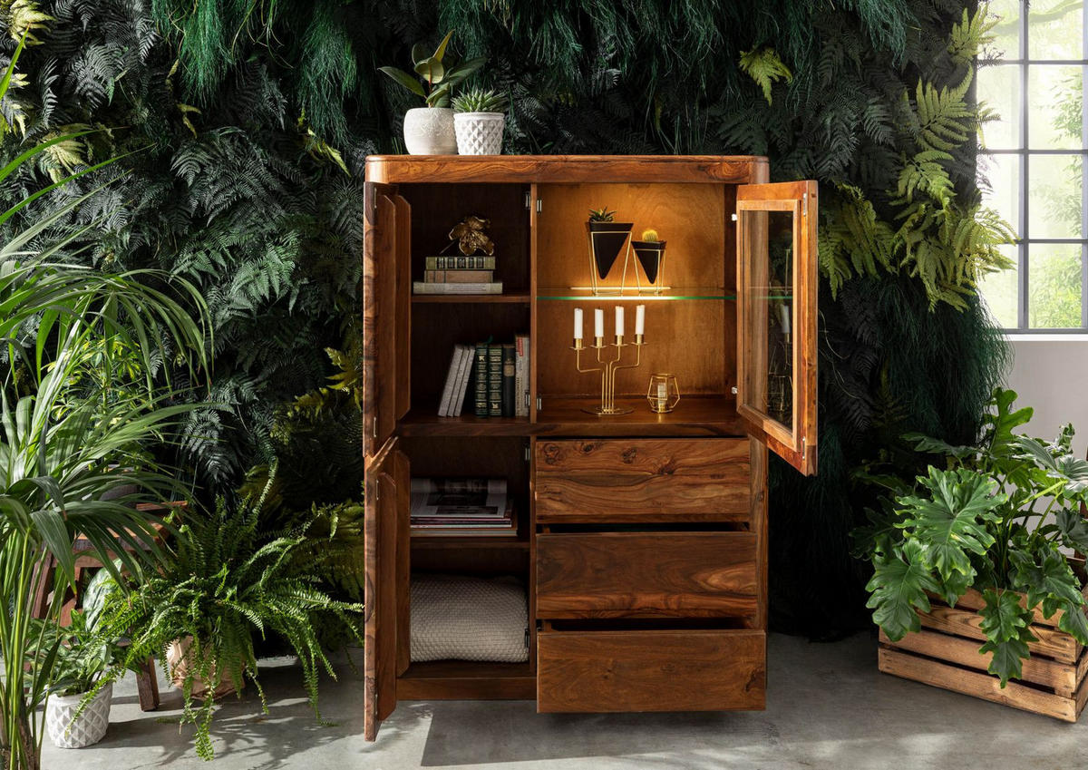 VITRINE Sheesham 109x40x145 walnuss gewachst TORONTO #209 - Walnussfarben, Holz (109/145/40cm) - Massivmoebel24