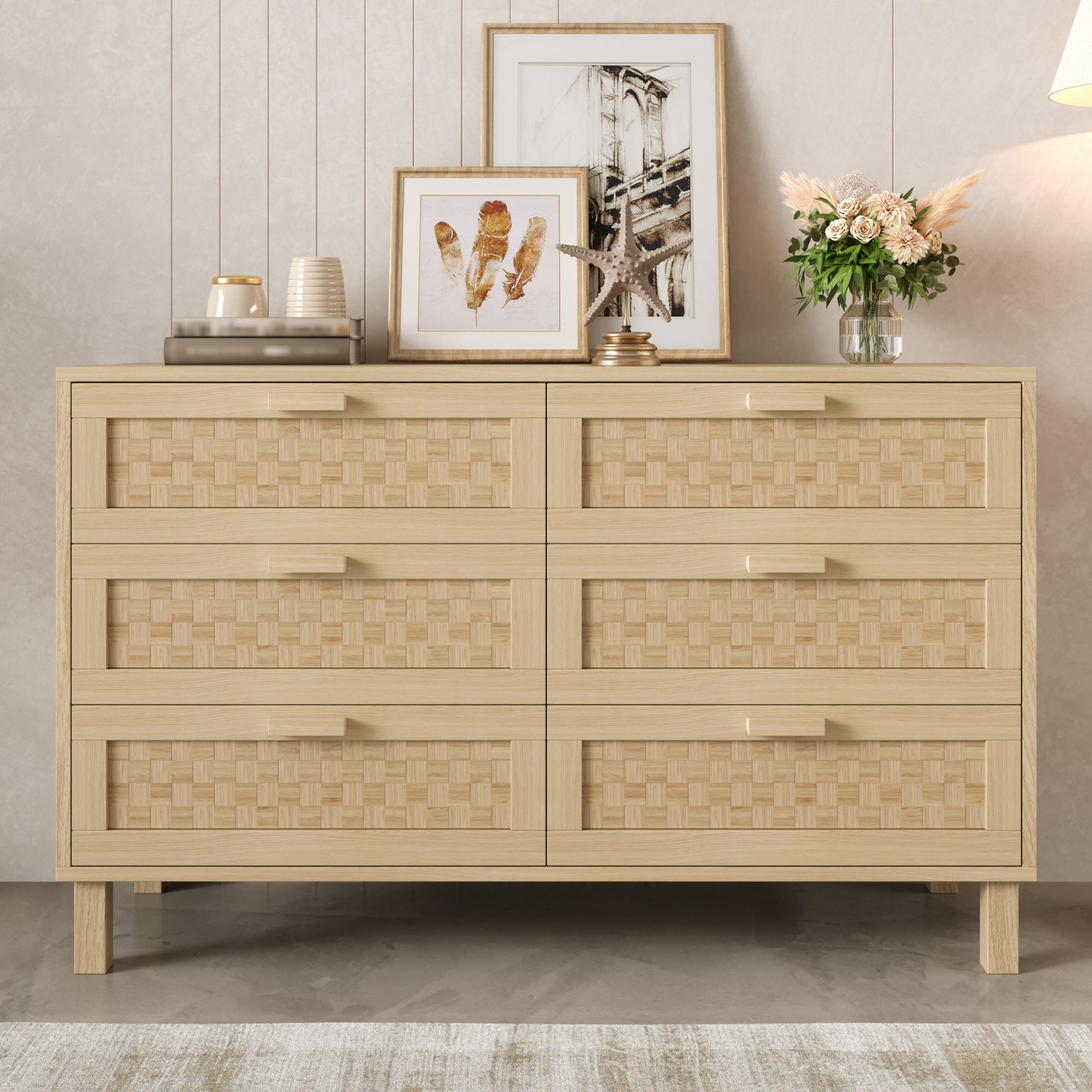 SIDEBOARD mit 6 Schubladen Rattan, 120/40/75cm - Buchefarben, Holzwerkstoff (120/75/40cm) - Urban Meuble