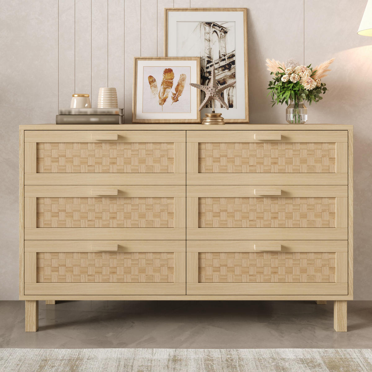 SIDEBOARD mit 6 Schubladen Rattan, 120/40/75cm - Buchefarben, Holzwerkstoff (120/75/40cm) - Urban Meuble