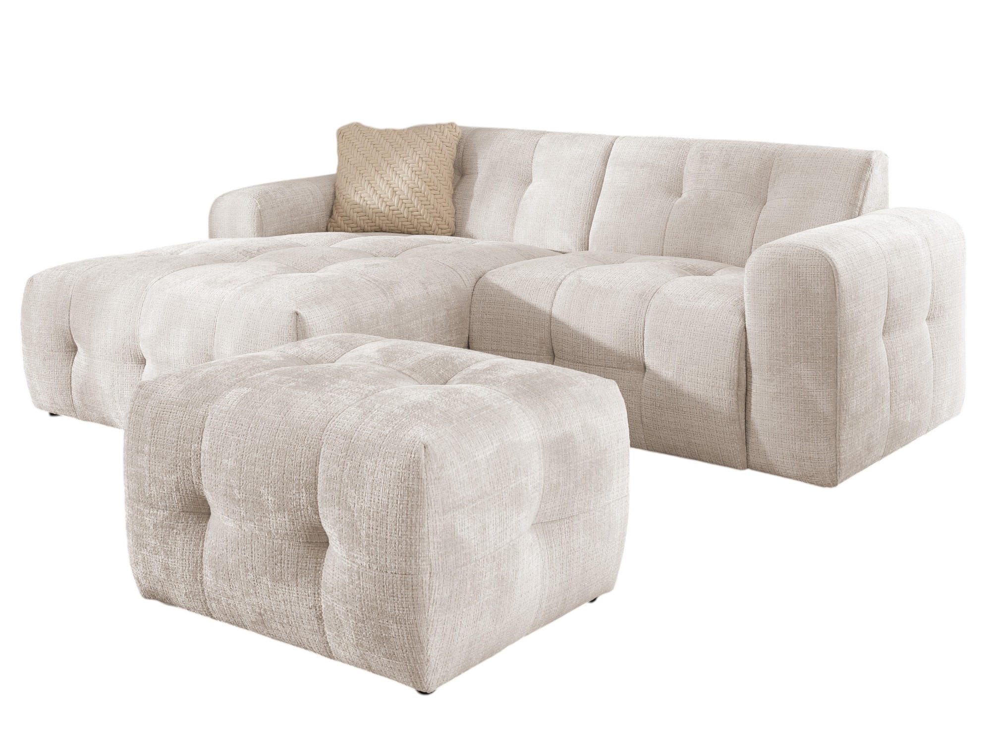 ECKSOFA inkl. Hocker Kozy im Bumpy-Design mit Schlaffunktion und fester Rückenlehne aus weichem Beige Chenille-Stoff - Ottomane links - Beige/Creme, Holz/Kunststoff (161/234cm) - S-Style Möbel