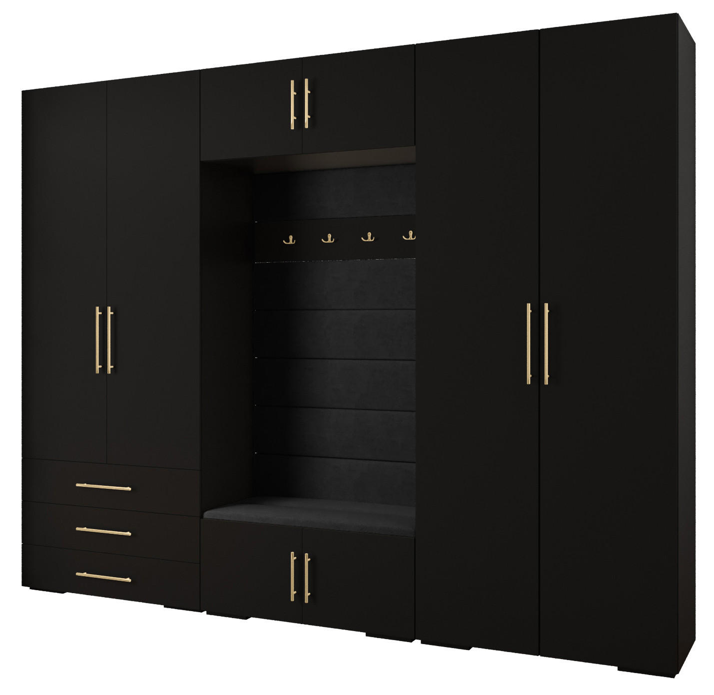 Abiks Möbel Garderoben-Set Schwarz, Schwarz, Gold 300x236.7x47 cm