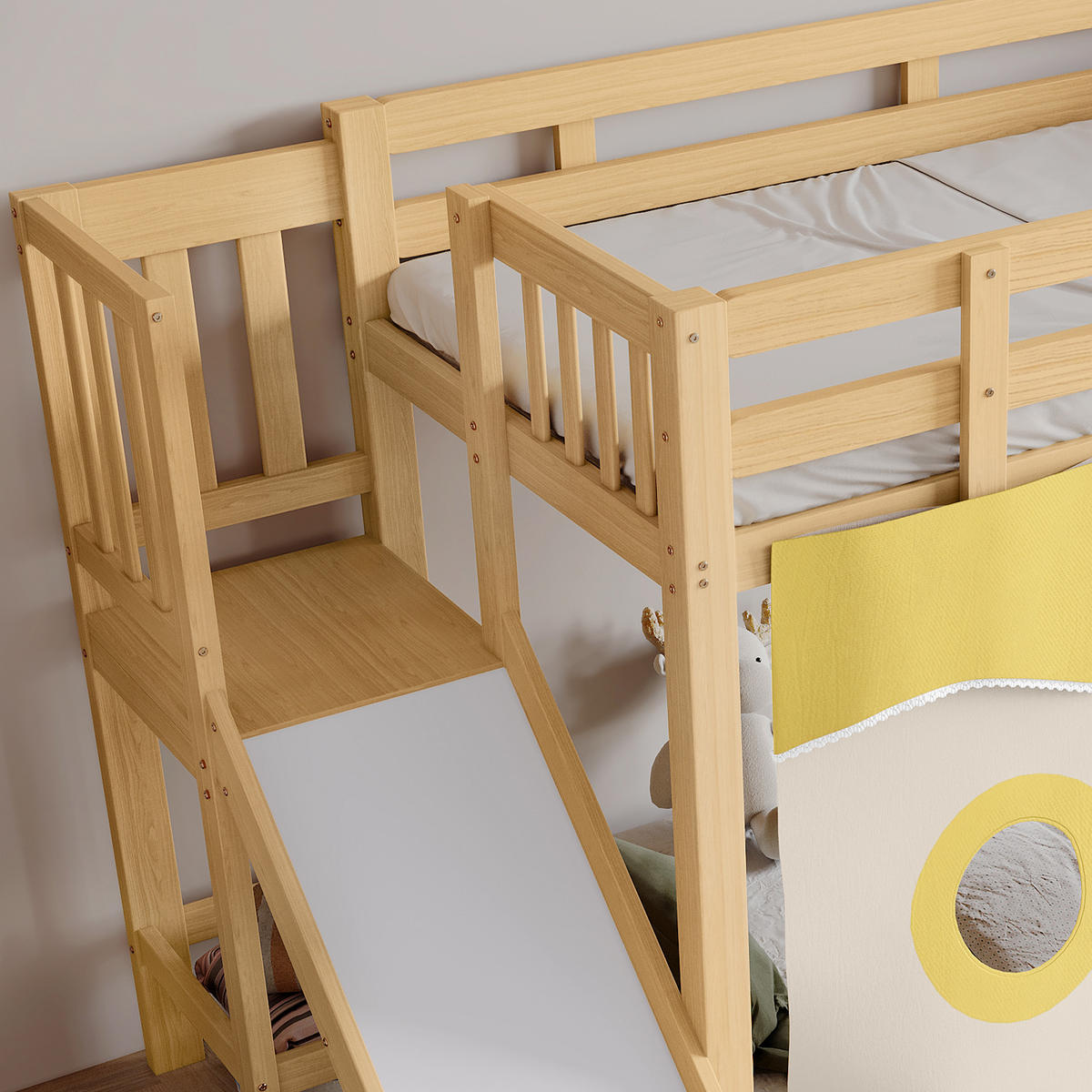 ETAGENBETT 90/200 cm Natur mit Rutsche und Bettvorhang aus MDF/Kiefer - Naturfarben, Holzwerkstoff (90/200cm) - OKWISH