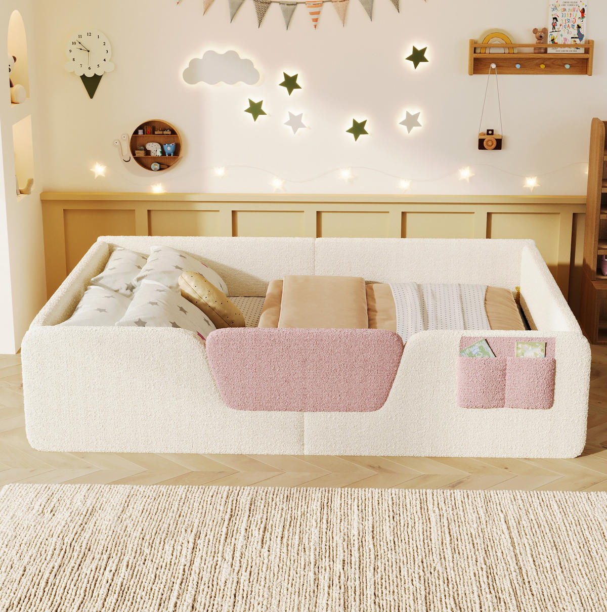 KINDERBETT aus Velours und MDF 140x190 cm Beige mit abnehmbaren Seitengittern und Stofftasche - Beige, Textil (140/190cm) - Modfu