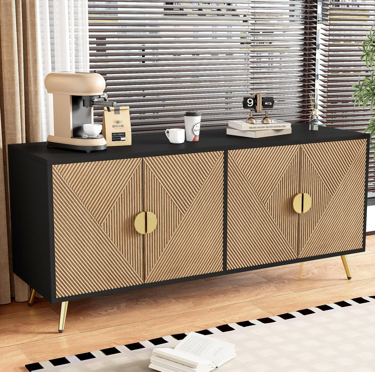 SIDEBOARD 160/40/75 cm in Schwarz und Holzoptik mit 4 Türen und Soft-Close - Schwarz, Holzwerkstoff (160/75/40cm) - Flora Grace