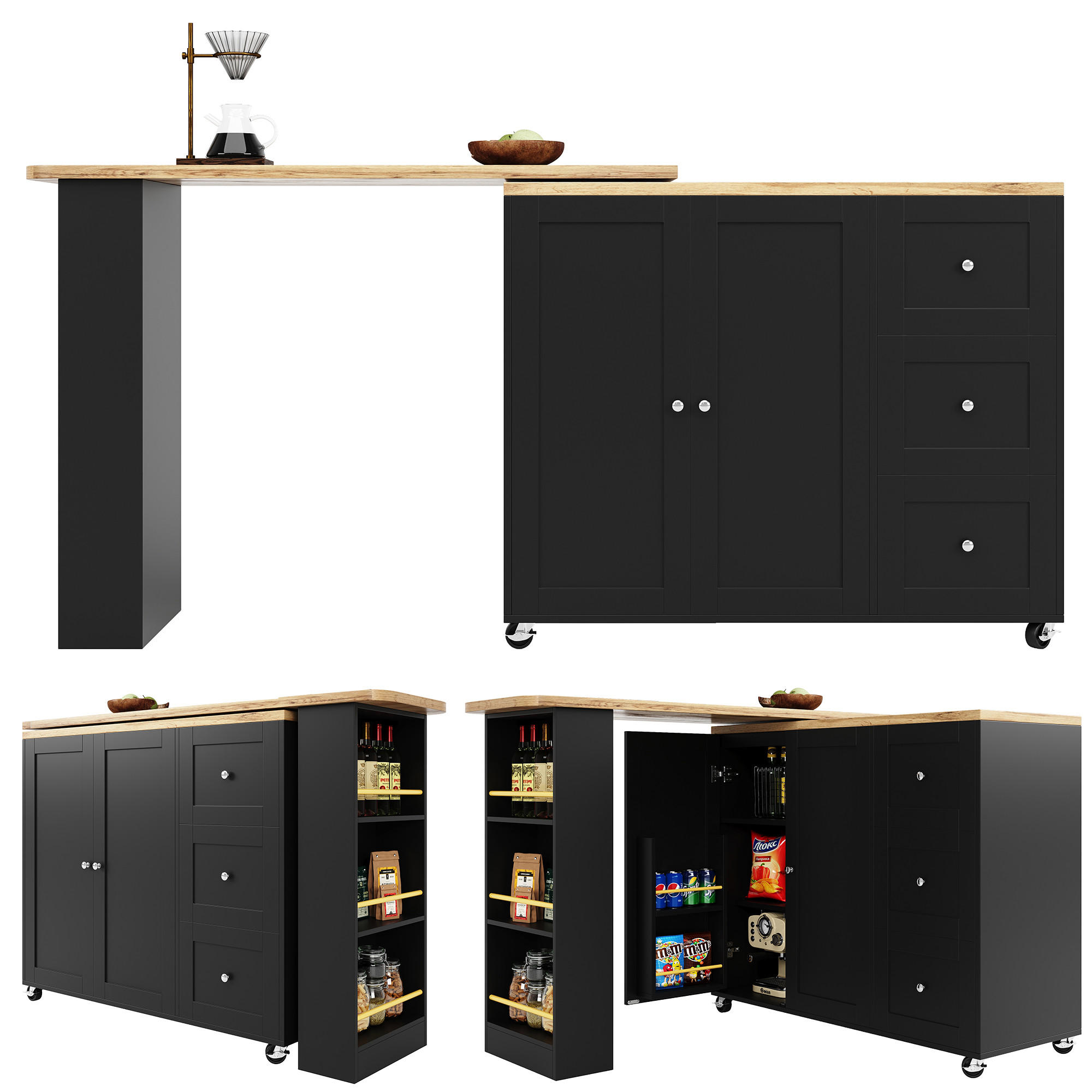 KÜCHENINSEL aus MDF mit 360° drehbarem Klapptisch auf Rollen, Sideboard mit Regalen und Metallgriffen, schwarz - Schwarz, Holzwerkstoff (203/106/39cm) - Luhomfu