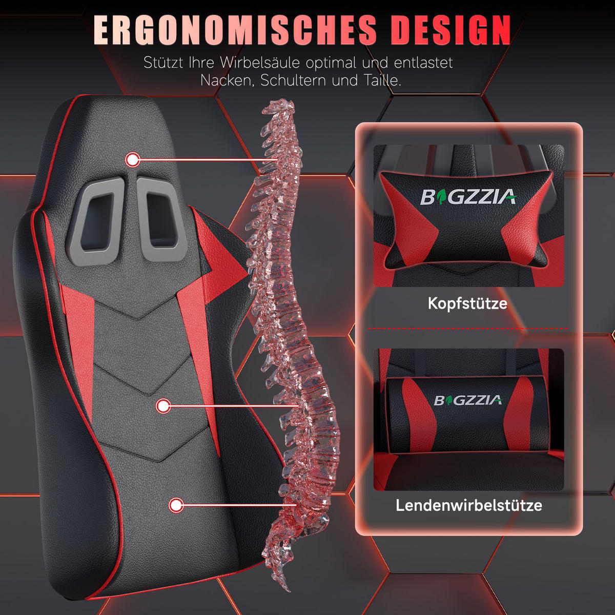 GAMINGSTUHL Schwarz-Rot ergonomisch - Rot, Leder (29/59/79cm) - Rattrix