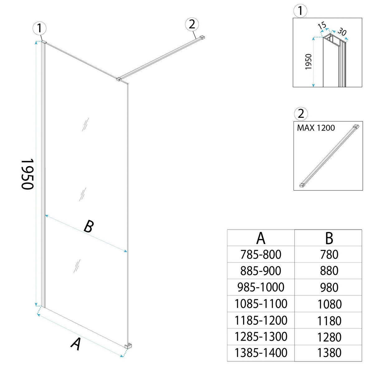 DUSCHWAND Rea Flexi Transparent / Chrome 80 - Chromfarben, Glas (120/80/195cm) - REA