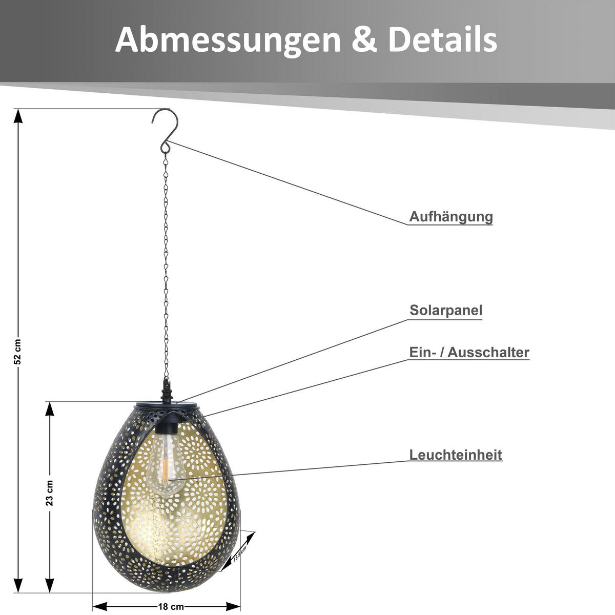 SOLAR-HÄNGELEUCHTE Orientalisch kupfer 18x52cm Metall Outdoor-Leuchte - Schwarz, Metall (18/18/52cm) - Northpoint