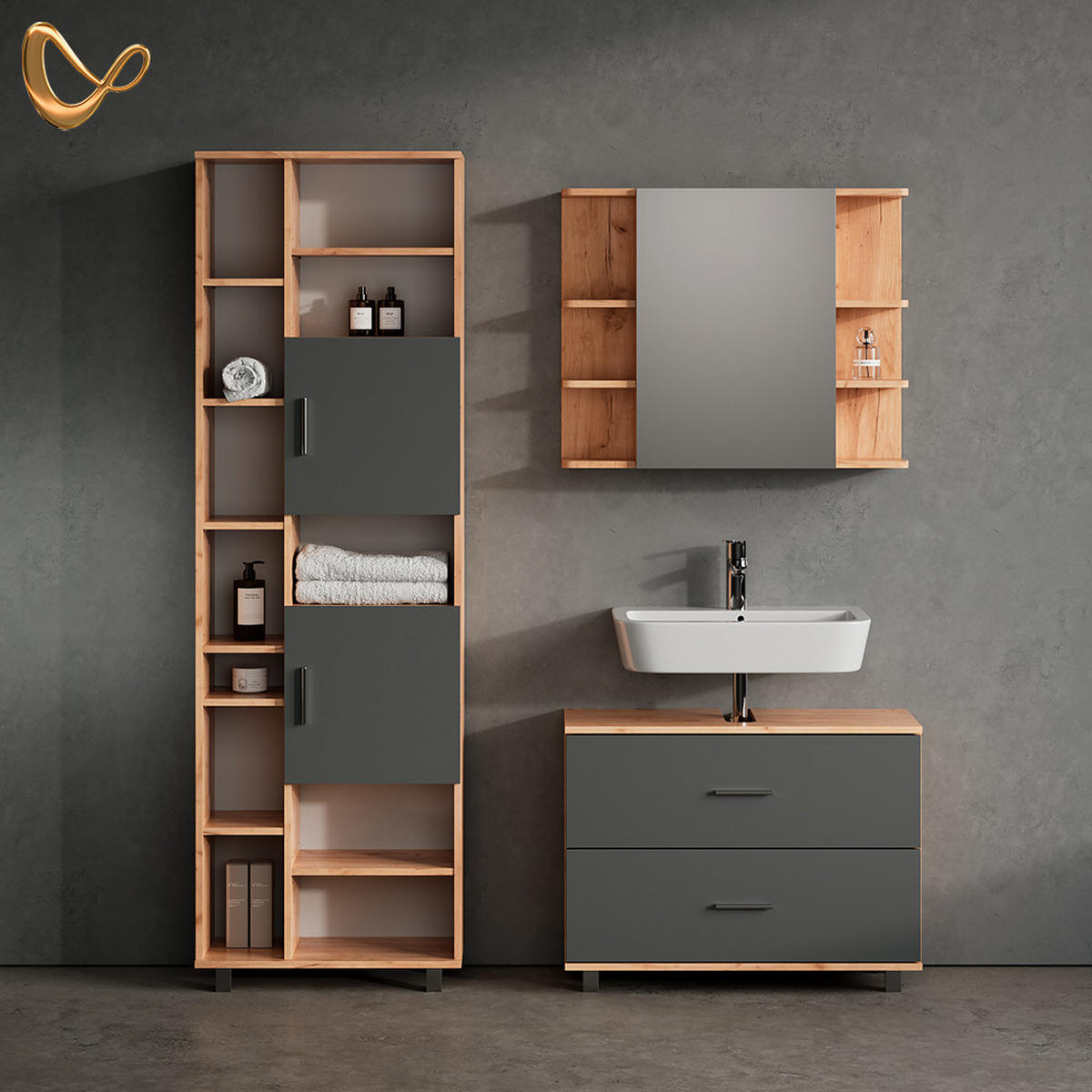 BADMÖBEL-SET Eisak Anthrazit/Goldkraft Eiche 3 Teile, mit Hochschrank - Anthrazit/Eiche Wotan, Holzwerkstoff (80/60/33cm) - Livinity®