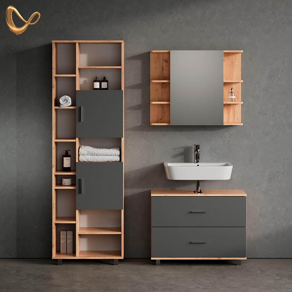 Thumbnail - Livinity® Badmöbel-Set, Anthrazit, Eiche Wotan, Holzwerkstoff, 8 Fächer, 2 Schubladen, Rechteckig, 80x60x33 cm, Badezimm...