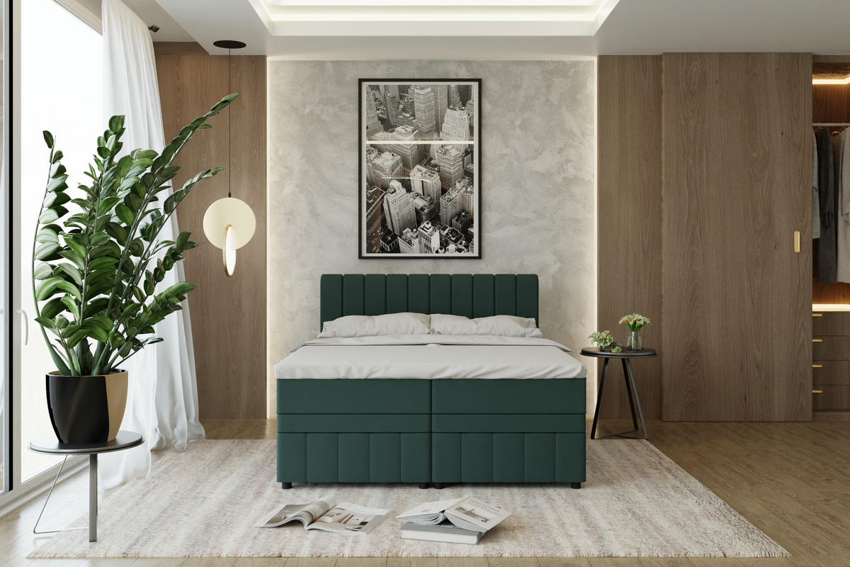 BOXBETT AVALON 160 x 200 cm mit Bettkasten und Topper - Dunkelgrün - Dunkelgrün, Holz - Panda Möbel