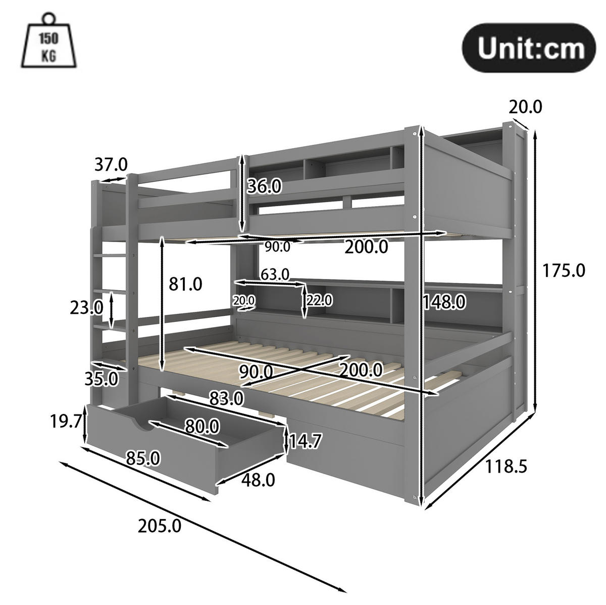 ETAGENBETT 90/200 cm in Grau mit Schublade und Ablagefächern - Grau, Holz (90/200cm) - OKMYHOME