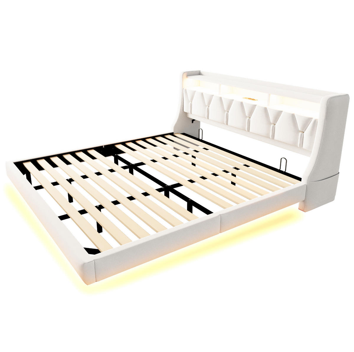 POLSTERBETT 180/200 cm mit klappbarem Kopfteil, LED, USB- und Typ-C-Anschluss, Stauraum, Samt, Beige - Beige, Textil (180/200cm) - Redom
