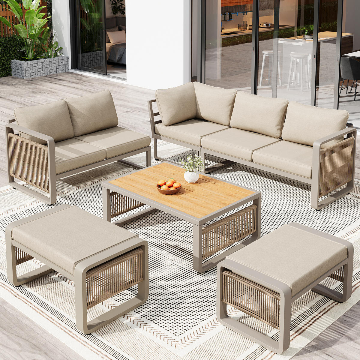 LOUNGEGARNITUR aus Metall & wasserabweisendem Stoff Beige mit verstellbaren Füßen - Beige, Metall - Modfu