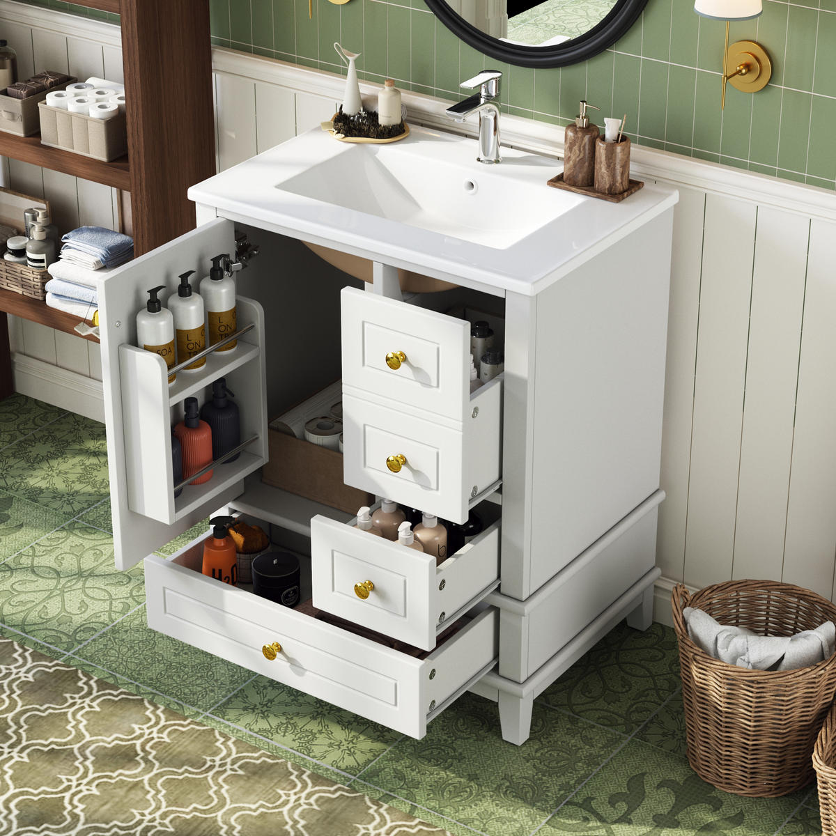 BADEZIMMERSCHRANK Weiß Lackiert 3 Schubladen Tür Stauraum 61cm - Weiß, Keramik (61/86/47cm) - FLIEKS