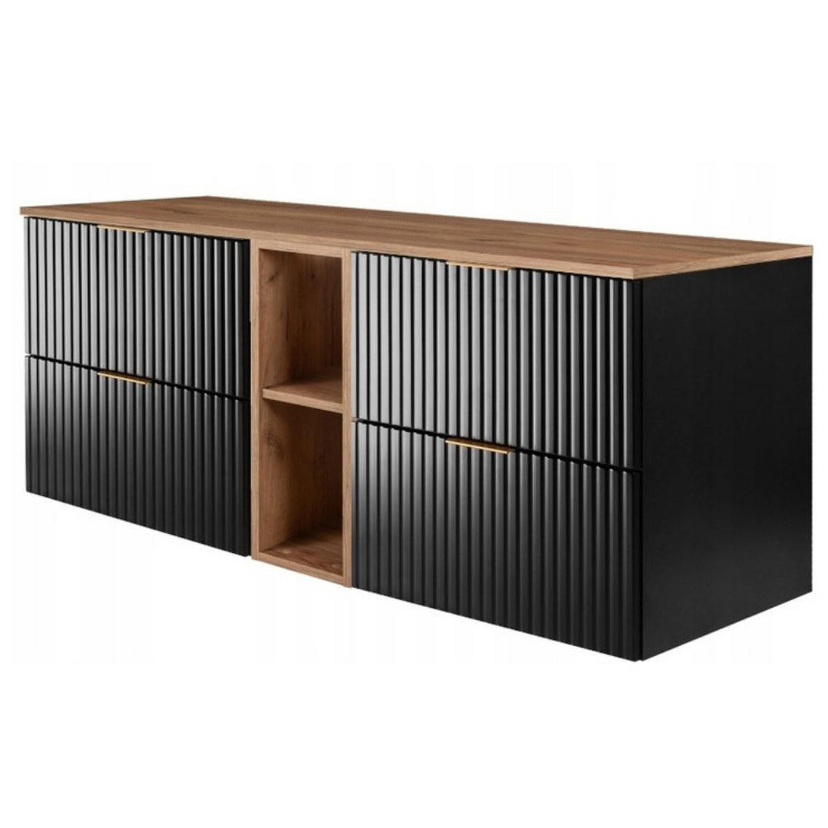 WASCHBECKUNTERSCHRANK mit Regal Schwarz matt/Eiche 140/57/46 cm - Eichefarben/Schwarz, Holzwerkstoff (140/57/46cm) - Rodan