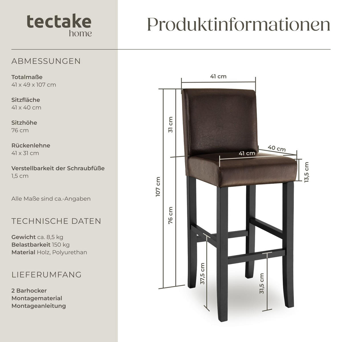 BARHOCKER 2er Set Kunstleder, Sitzhöhe 76 cm, antikbraun - Braun, Leder/Holz (40/107/41cm) - tectake