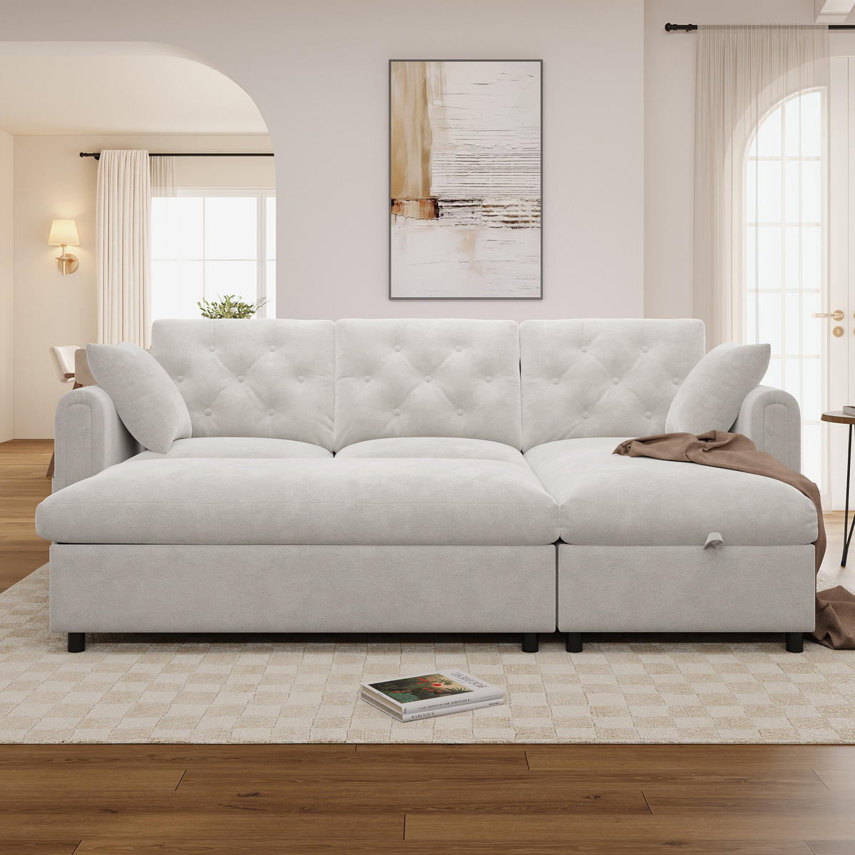 SOFA Baršun L Oblik s Tabureom 219x131x86 cm Bež - bež, tekstil (219/86/131cm) - FLIEKS
