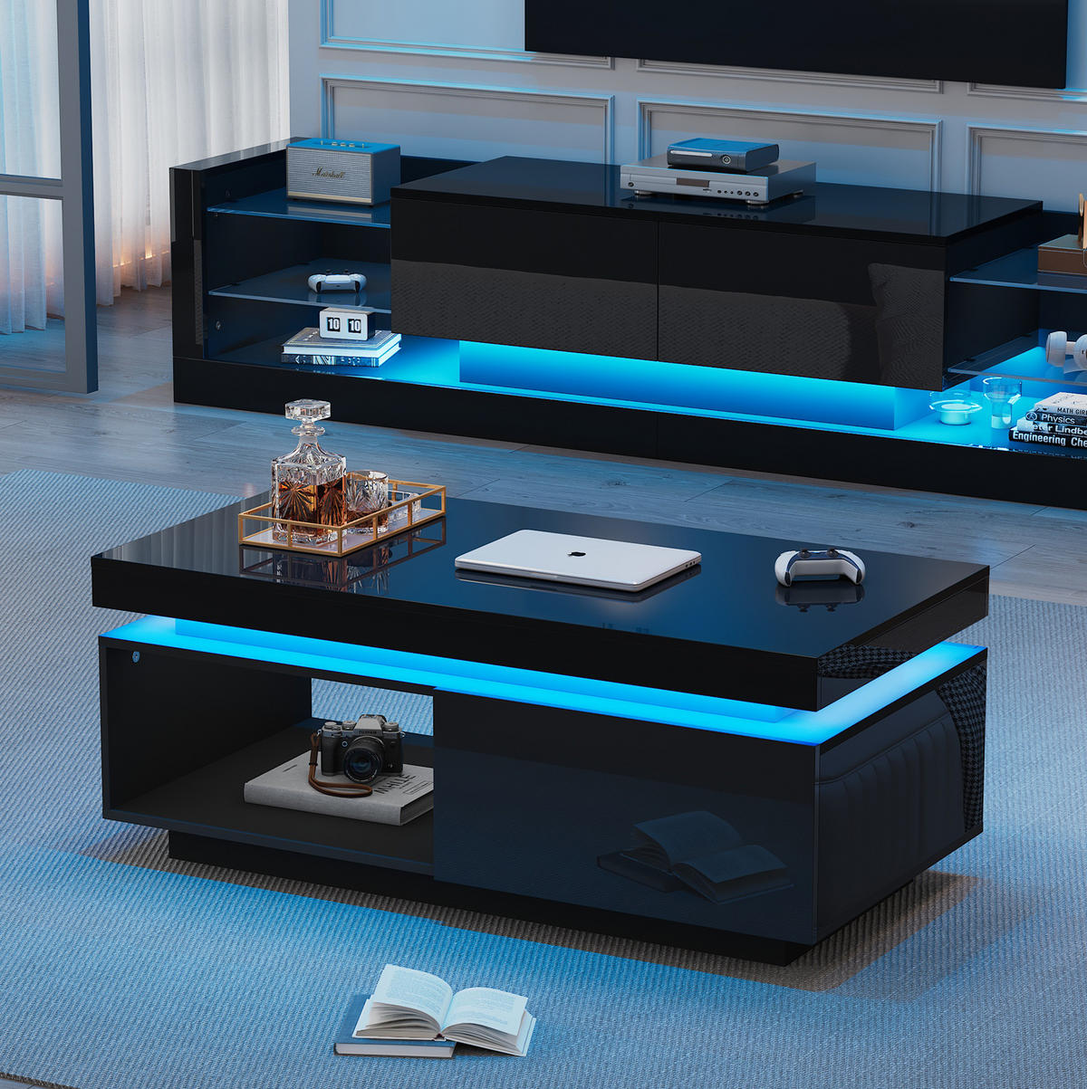 TV-SCHRANK-SET mit Couchtisch in Hochglanz Schwarz mit LED 181/38/38 cm + 100/50/40.3 cm - Schwarz, Holzwerkstoff (181/38/38cm) - Redom