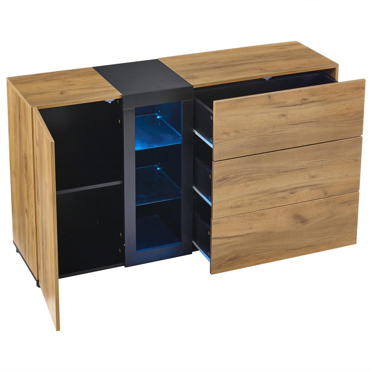 SIDEBOARD DE-37750 mit LED-Beleuchtung und 3 Schubladen Natur - Naturfarben, Holzwerkstoff (140/80/40cm) - ComfortXL