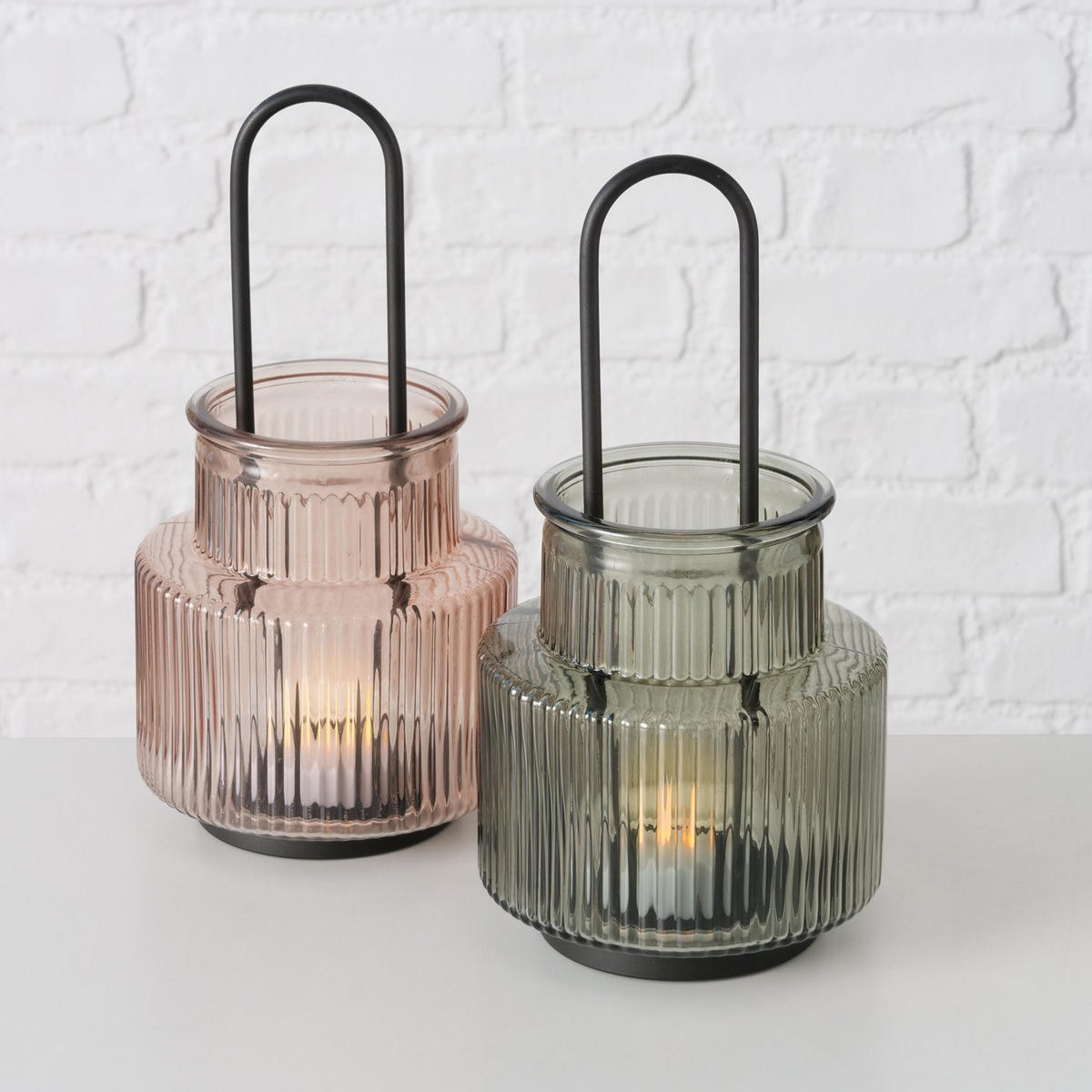 GLASLATERNE aus geriffeltem Glas Riffa 12,9/12,9/25,5 cm - Rosa, Glas (12.9/25.5/12.9cm) - Boltze Home