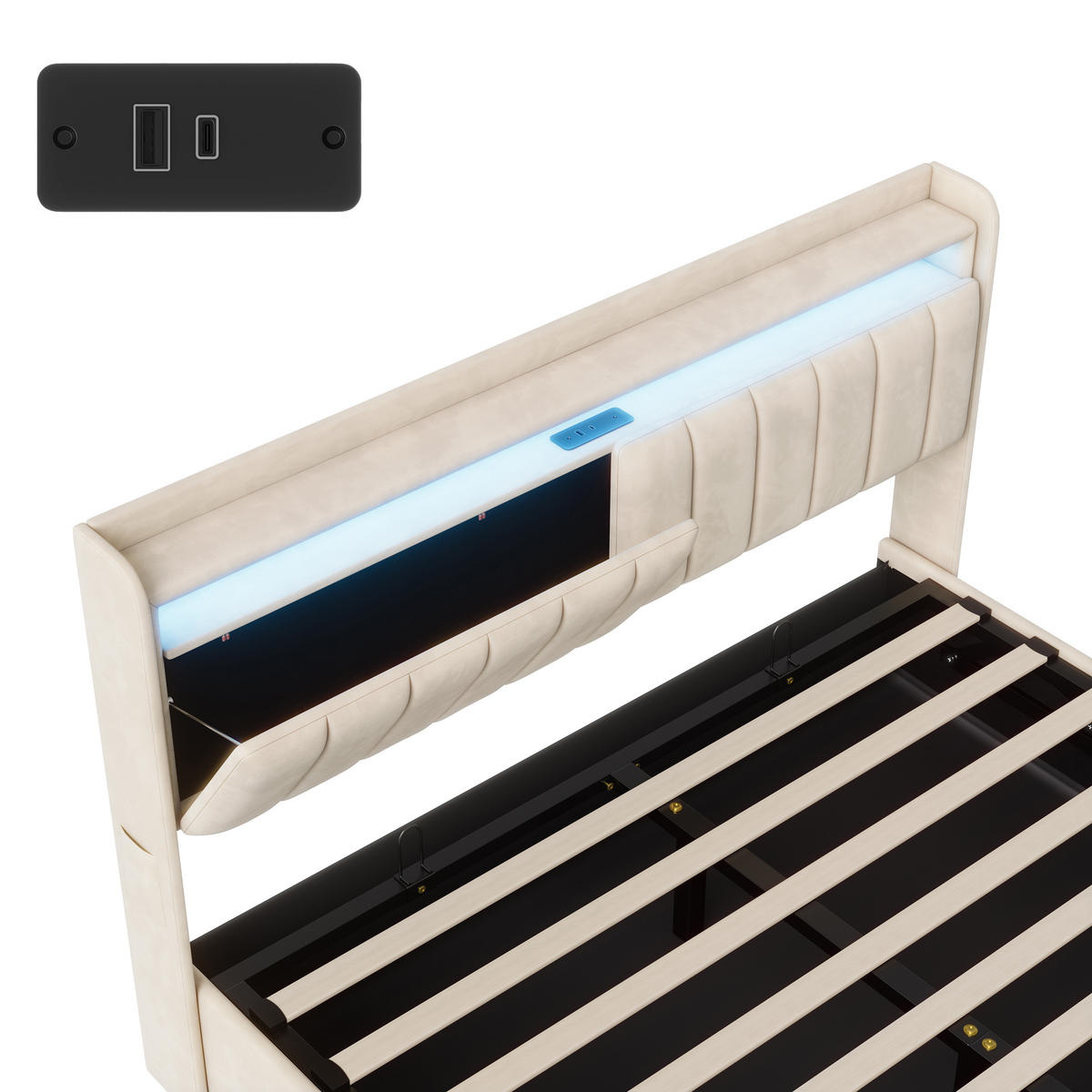 POLSTERBETT Längssteppung 140/200 cm mit Bettkasten & App-LED Samtoptik Beige - Beige, Textil (140/200cm) - Creahappy