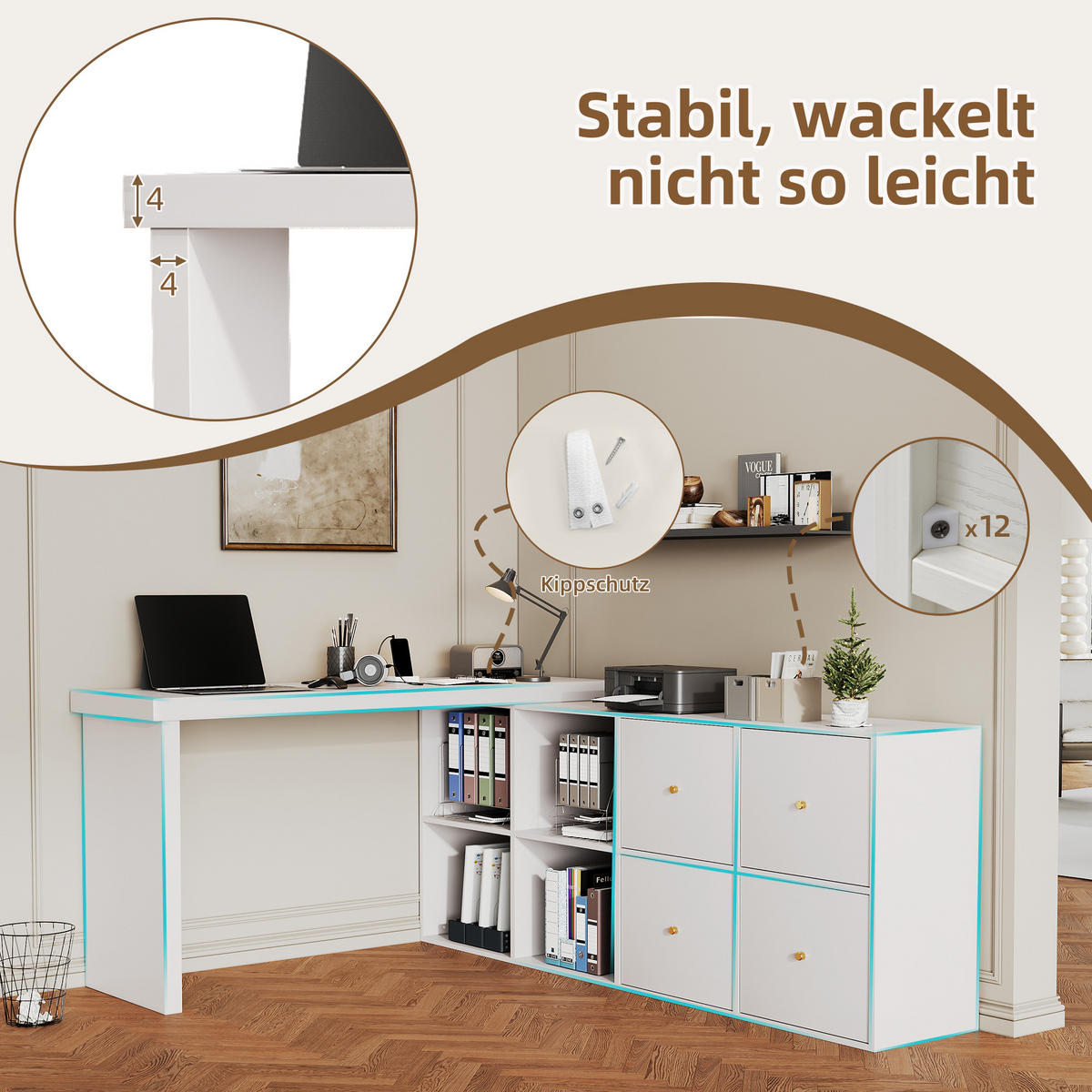 ECKSCHREIBTISCH Weiß 120/48/78 cm 360° schwenkbar mit 4 Schubladen - Weiß, Holzwerkstoff (140/120/78cm) - PANGIVO