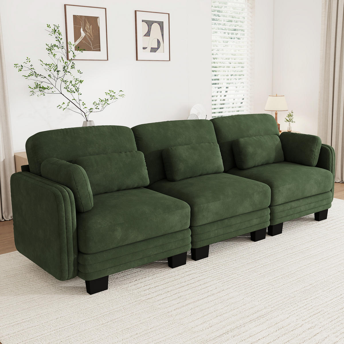 3-SITZER-SOFA Chenille mit Lenden- und Armkissen, DE-42686, Grün - Grün, Holz (253/88/88cm) - ComfortXL