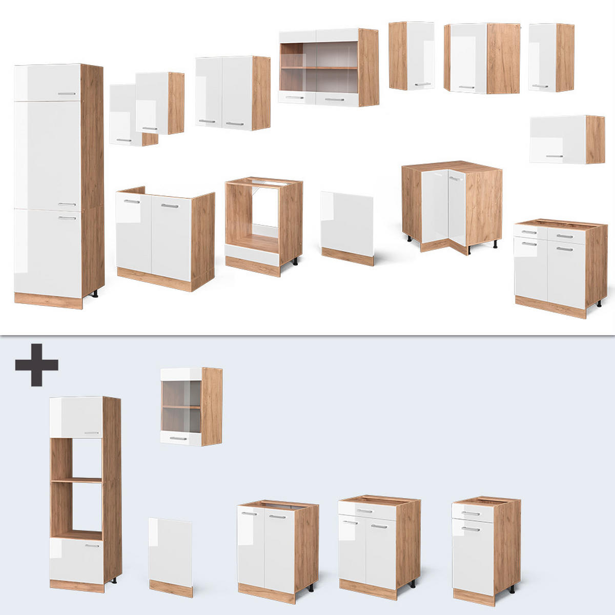 ECKKÜCHE R-Line Weiß Hochglanz/Goldkraft Eiche 227 x 287 cm AP Anthrazit - Weiß Hochglanz/Eiche Wotan, Holzwerkstoff (287/81.6/60cm) - Vicco