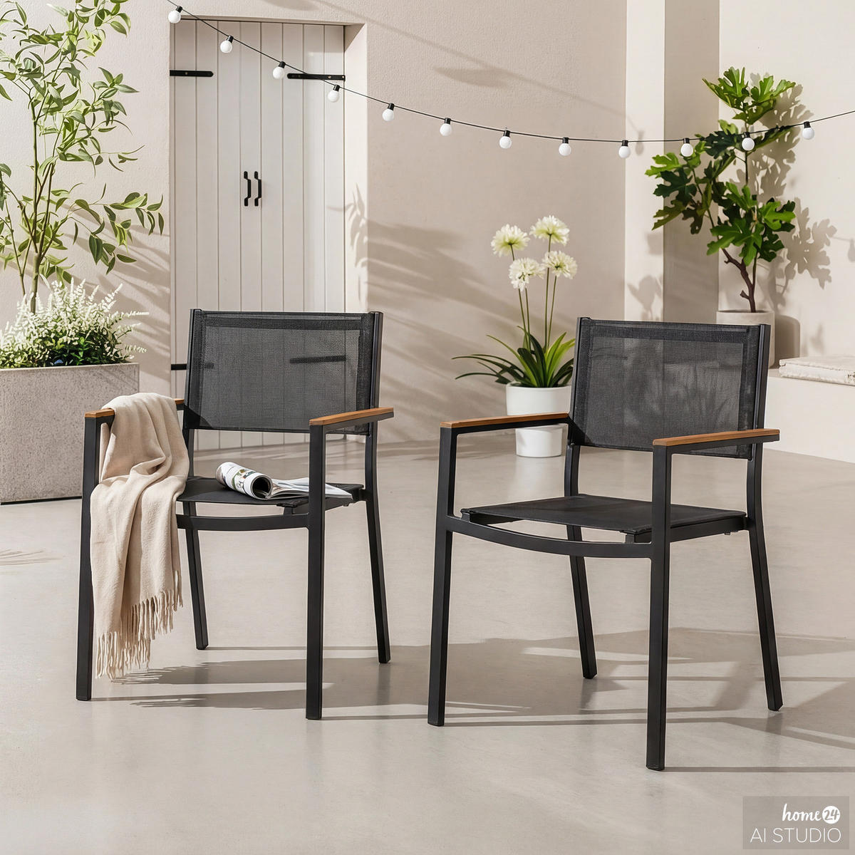 GARTENSTUHL mit GITTERSTOFF - 2er-Set - Textilene / Aluminium - Schwarz - Schwarz/Braun, Holz/Textil (52/90/53cm) - home24