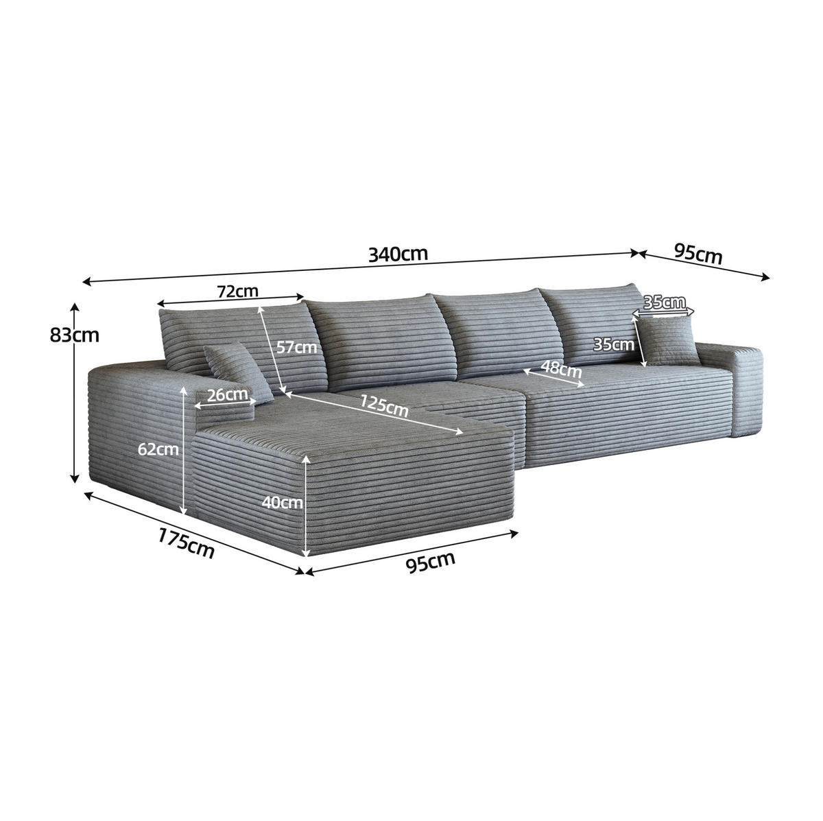 ECKSOFA 340/175/83 cm in Grau aus Cord mit tiefer Sitzfläche - Grau, Textil (175/340cm) - Flora Grace