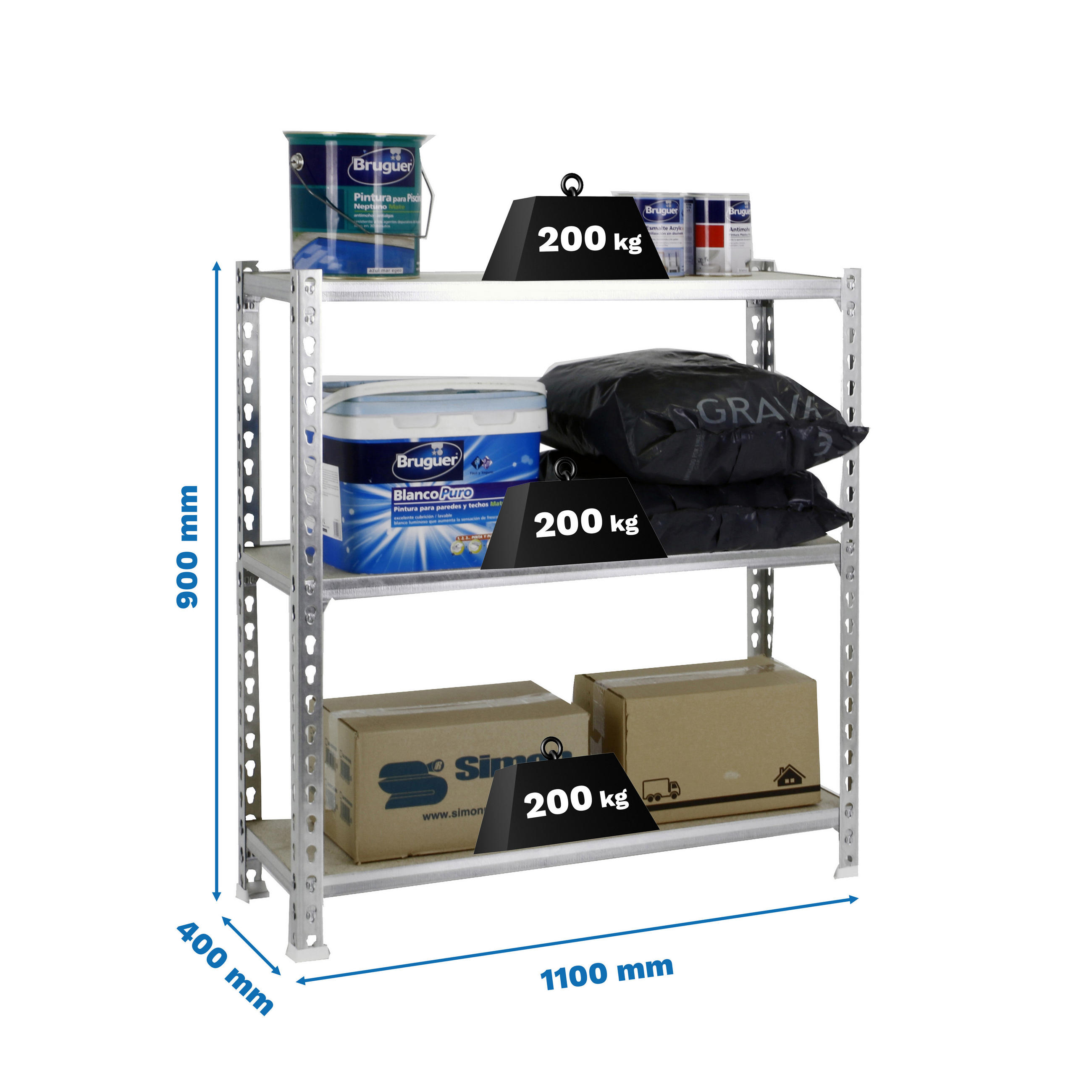SCHWERLASTREGAL Baby Muli HxBxT 90 x 110 x 40 cm 3 Fachböden Fachlast 200 kg Verzinkt - Silberfarben, Metall (110/90/40cm) - PROREGAL