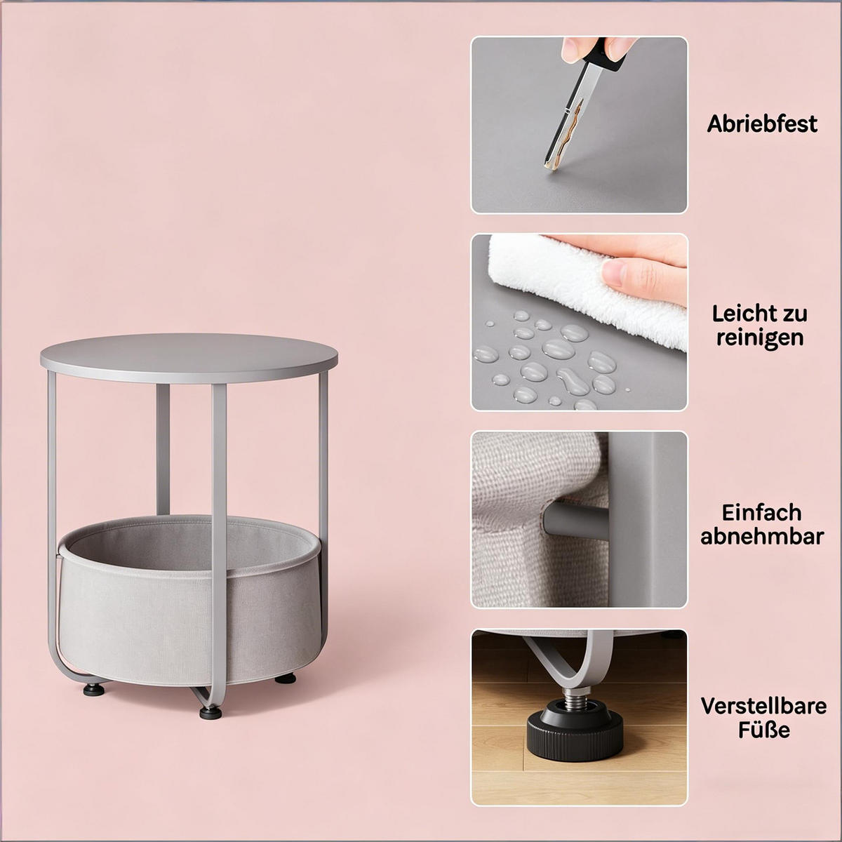 BEISTELLTISCH DE-37220 rund mit Stoffkorb Grau - Grau, Metall (45/45/50cm) - ComfortXL