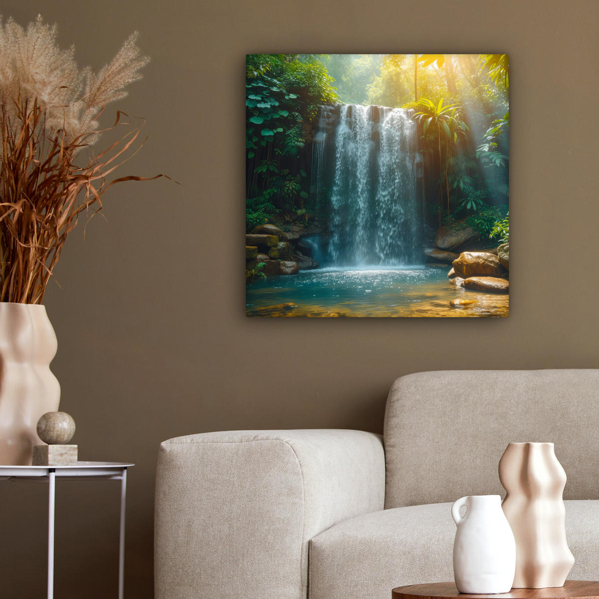 LEINWANDBILD Wasserfall - Dschungel - Sonne - Grün - Natur 50x50 cm - Grün, Textil (50/50cm) - MuchoWow