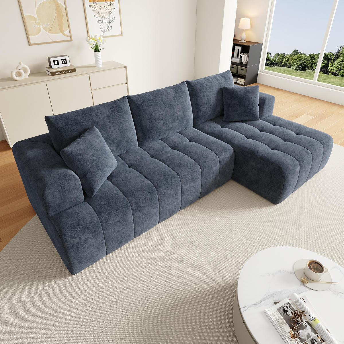 4-SITZER ECKSOFA Chenille Blau mit Kissen - Blau, Textil (244.5/136cm) - WISHDOR