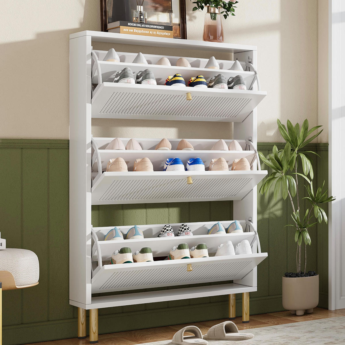 SCHUHSCHRANK Weiß 3 Klappen 6 Fächer schmal 73x23x125cm - Weiß, Holzwerkstoff (25/125/73cm) - FLIEKS