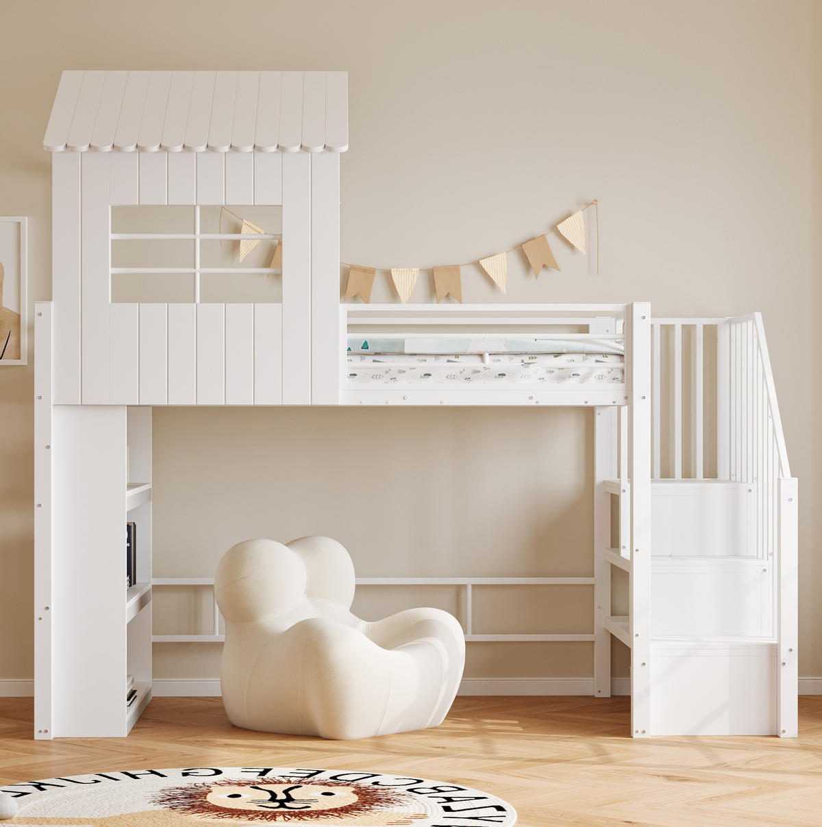 HOCHBETT 90/200 cm aus Metall und MDF mit Stauraumtreppe, Regal und Freiraum unter dem Bett, Weiß - Weiß, Metall (90/200cm) - Redom