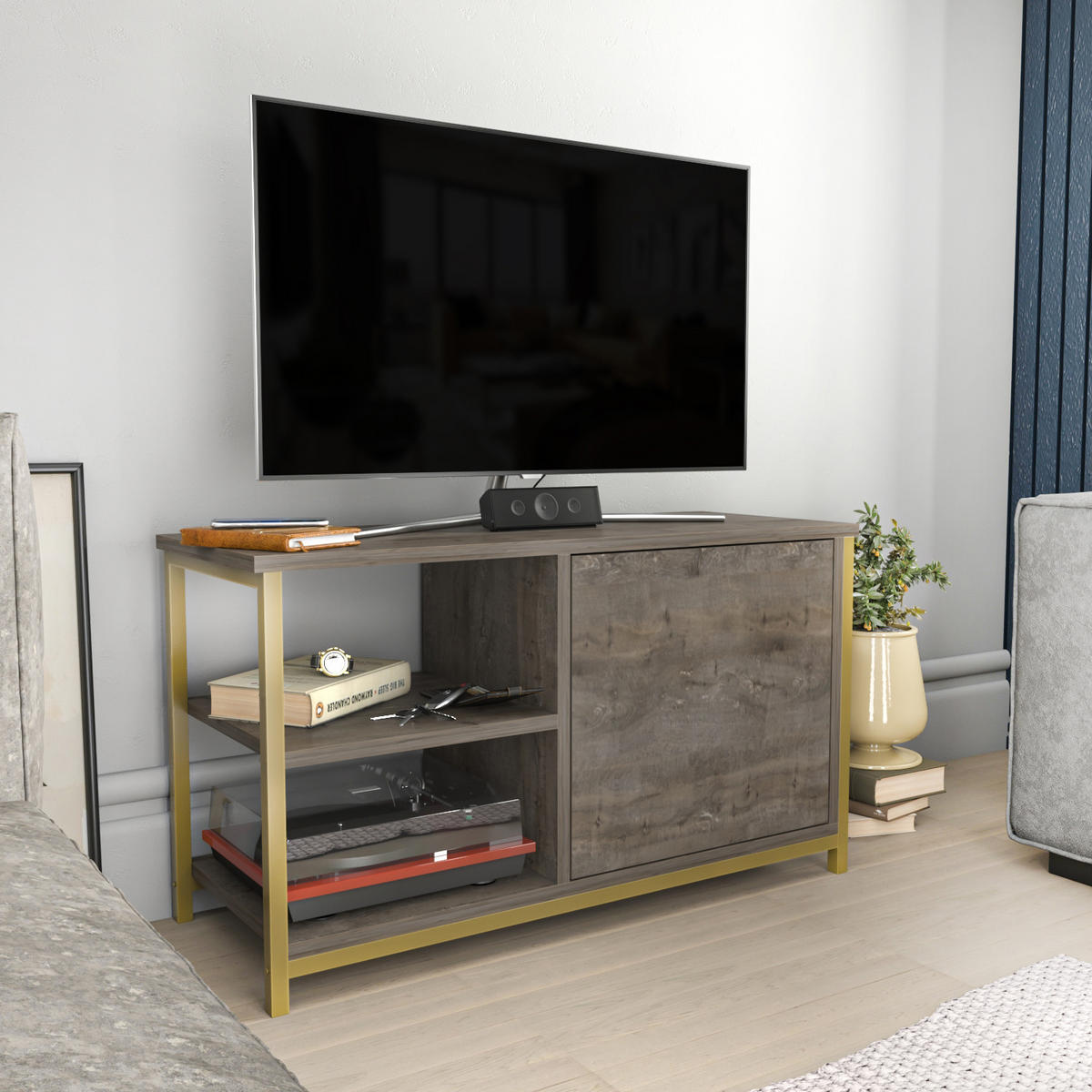 TV Möbel Muskegon Gold und Wenge - Beige, Holzwerkstoff (90/51/36cm) - Decorotika