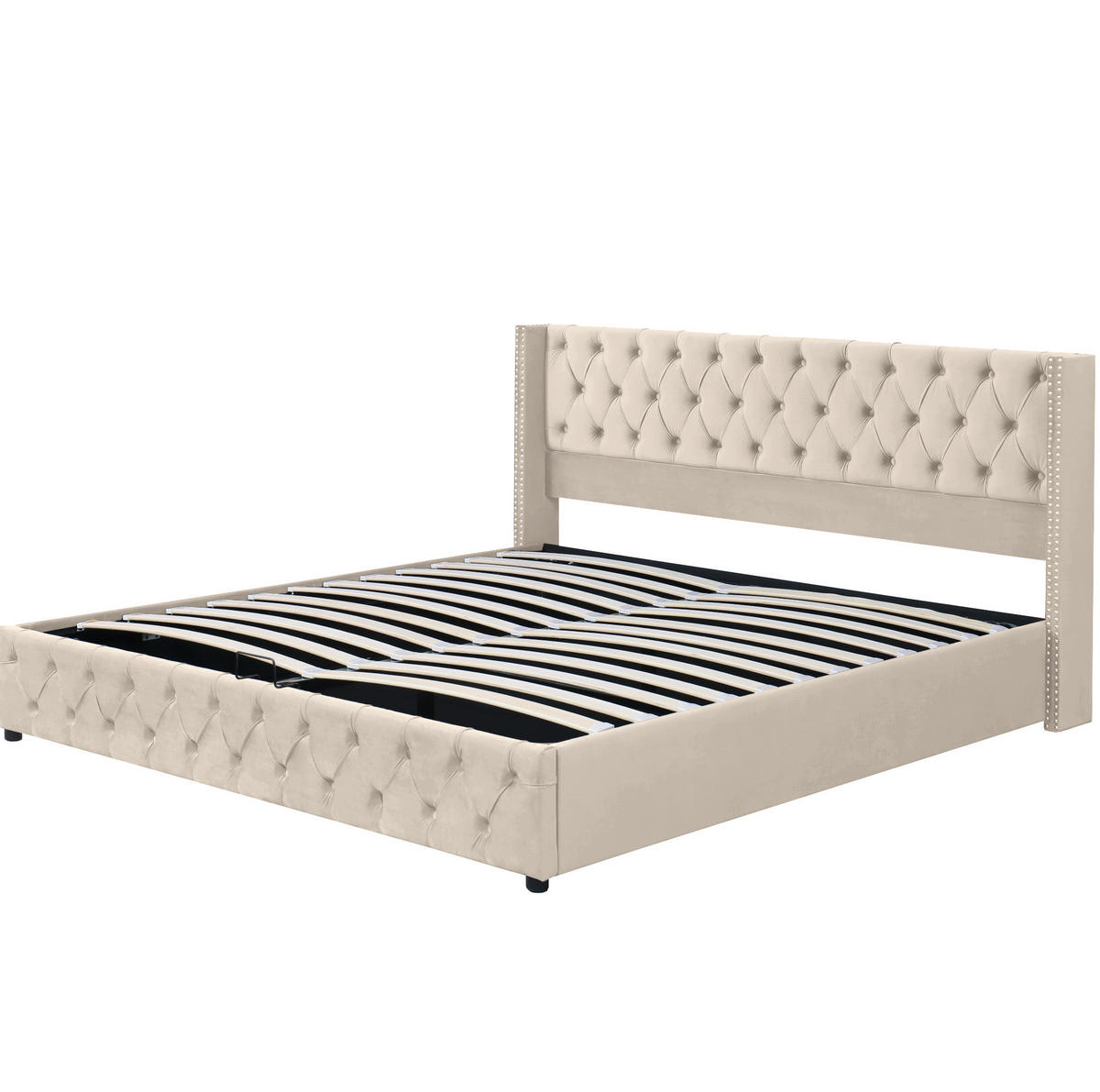 POLSTERBETT 180/200 cm mit hydraulischem Bettkasten, Chesterfield-Design und Samtbezug, Beige - Beige, Textil (180/200cm) - Redom