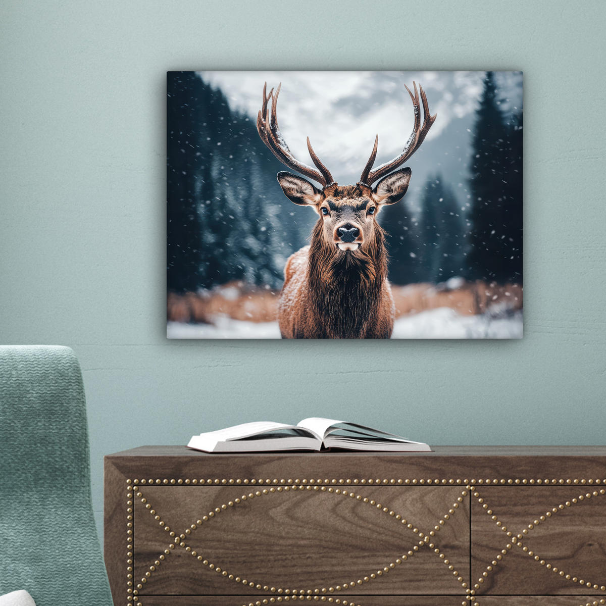 LEINWANDBILD Hirsche - Tiere - Landschaft - Winter - Schnee 40x30 cm - Kastanienfarben, Textil (40/30cm) - MuchoWow
