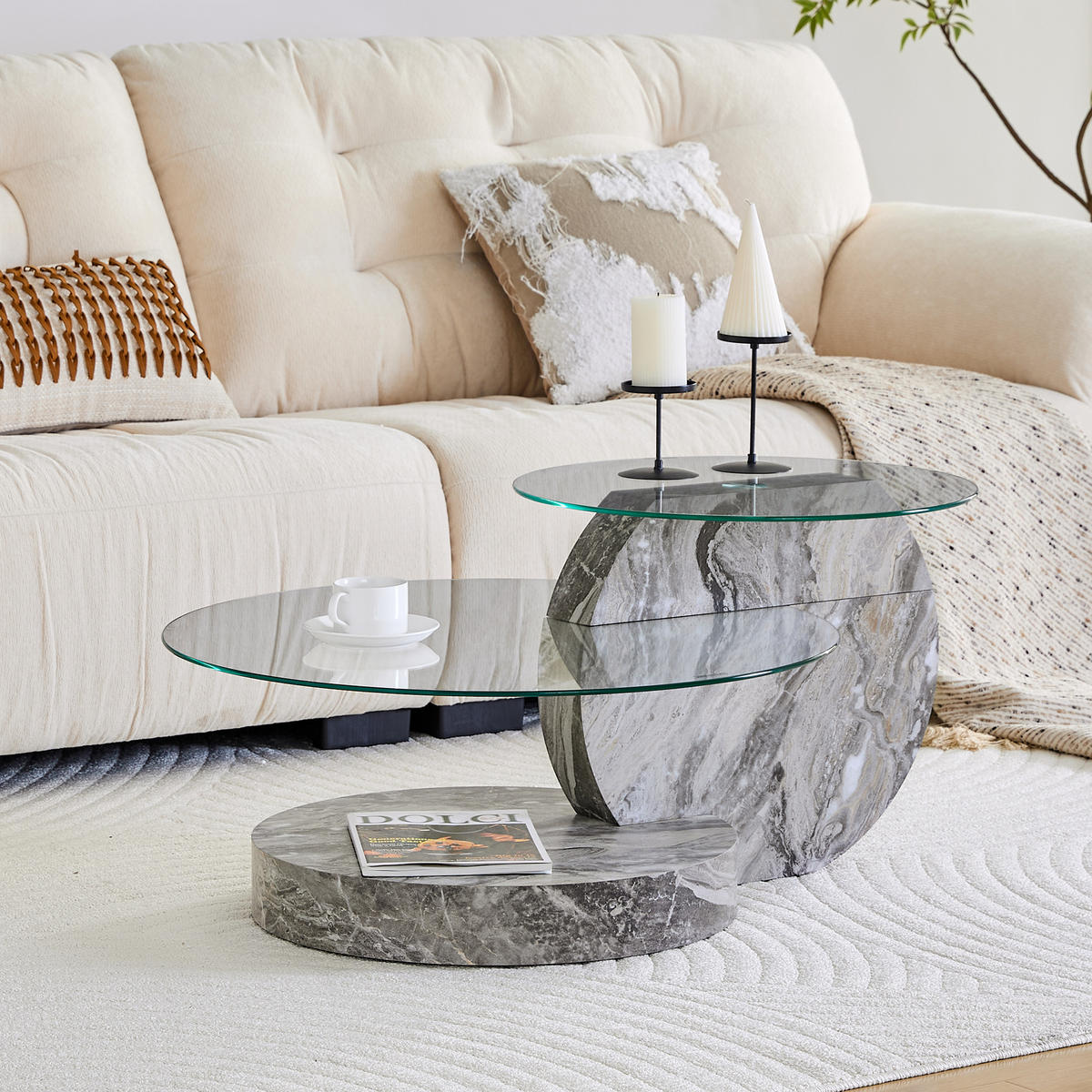 KONFERENČNÍ stolek 90/70/44 cm šedý transparentní z MDF a skla se 2 úrovněmi - průhledná, kompozitní dřevo (90/70/44cm) - OKWISH