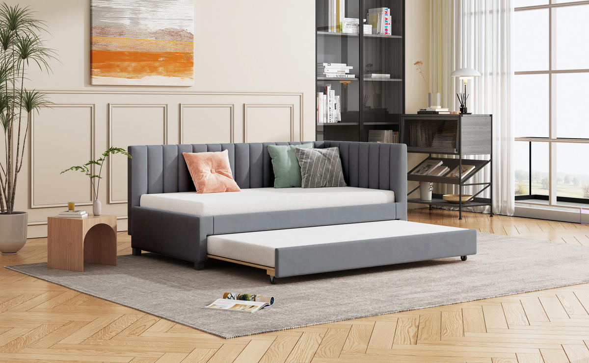 POLSTERBETT 90x200 cm Samt grau - Grau, Textil (90/200cm) - LEBENLANG