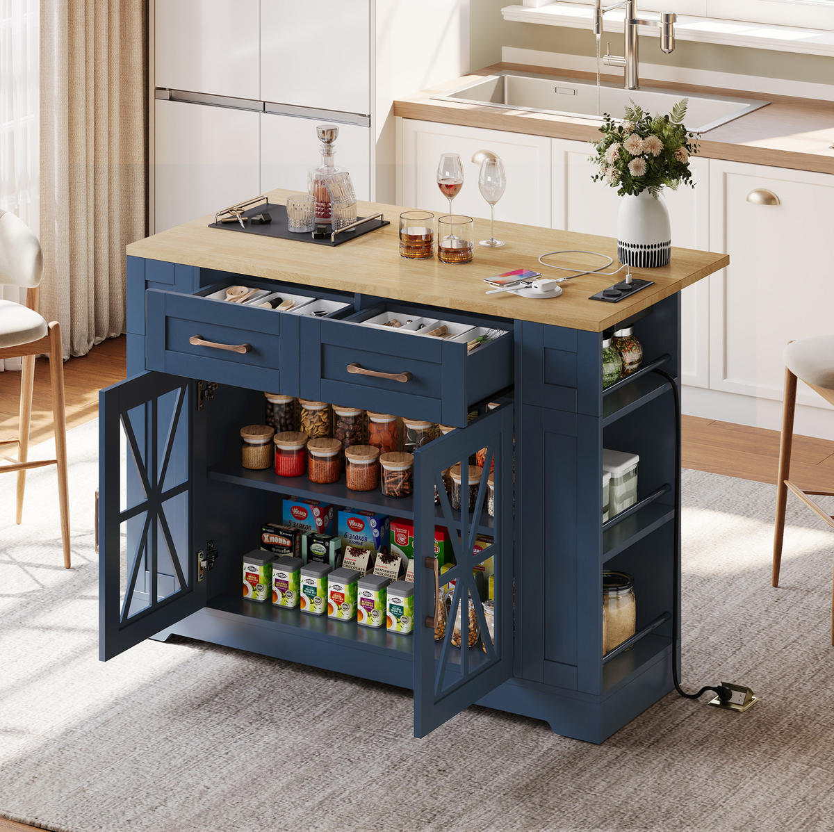 KÜCHENINSEL mit Klapptisch 120 cm Blau MDF - Blau, Holz (65/92/120cm) - Beauniv