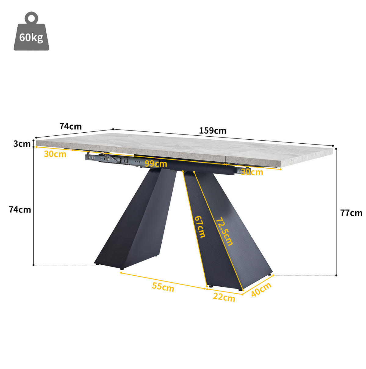 ESSTISCH 99-159/74/77 cm Schwarz/Grau aus MDF/Metall mit Ausziehfunktion - Schwarz, Holzwerkstoff (159/74/77cm) - OKMYHOME