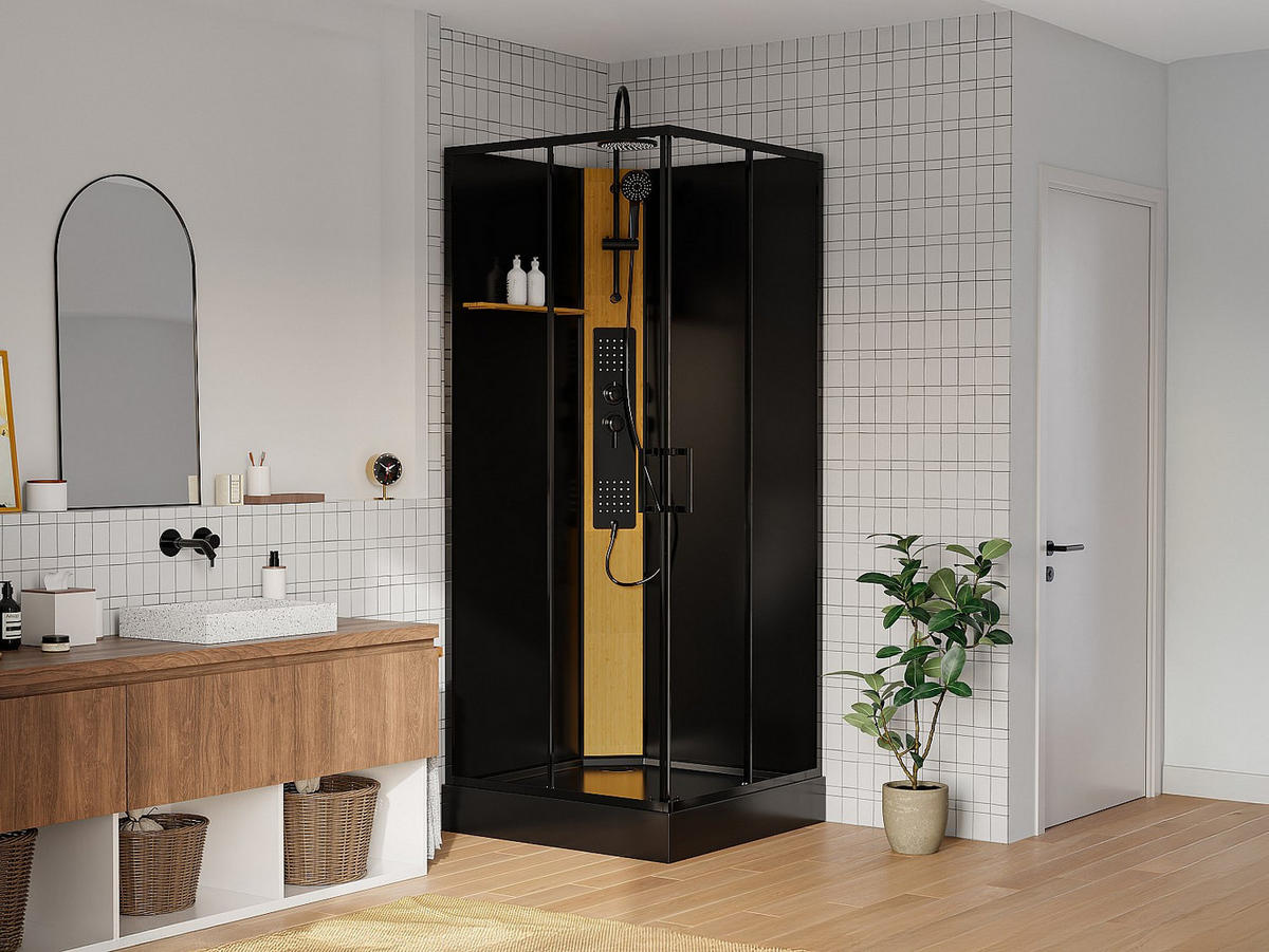 DUSCHKABINE - 90cm x 90cm - Bambus - schwarz - DESULO - Schwarz, Glas (90/90/200cm) - Vente-Unique