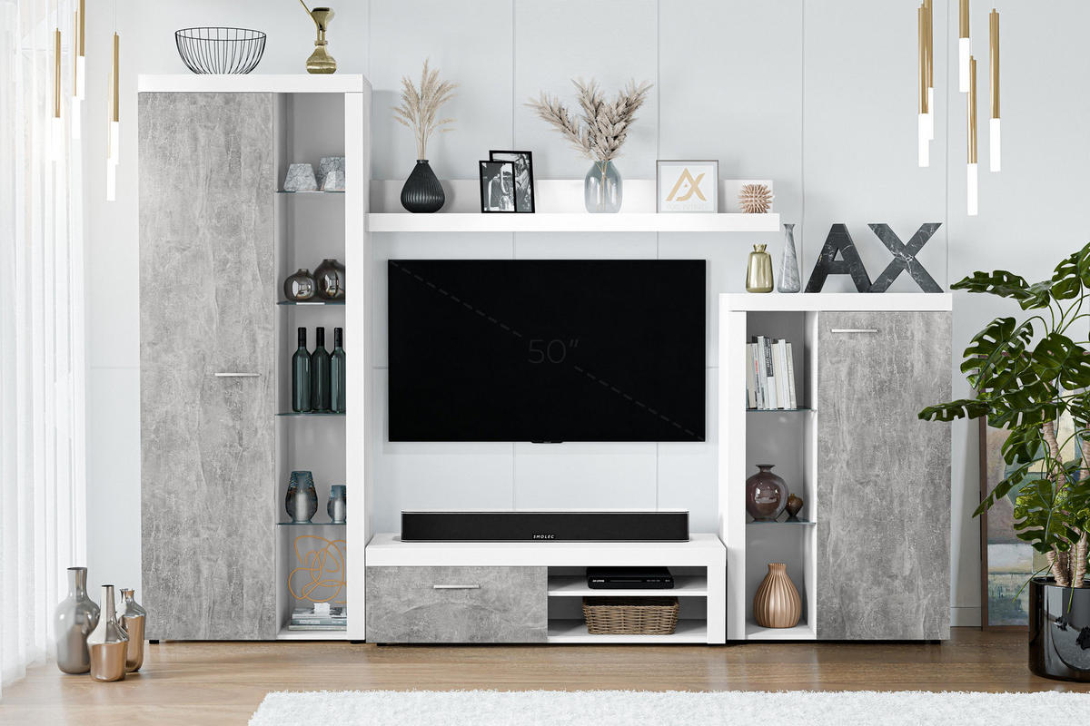WOHNWAND Spacoro Weiß, Beton 270/190/41 cm Wohnwand Modern ohne LED - Hellgrau/Weiß, Holzwerkstoff/Kunststoff (270/190/41cm) - AX Living