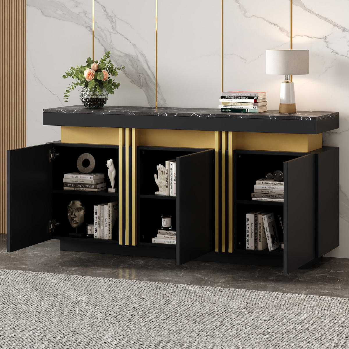 SIDEBOARD aus Spanplatte 140x38x70 cm Schwarz mit Marmordekor, 3 Türen und verstellbaren Einlegeböden - Schwarz, Holzwerkstoff (140/70/38cm) - Modfu