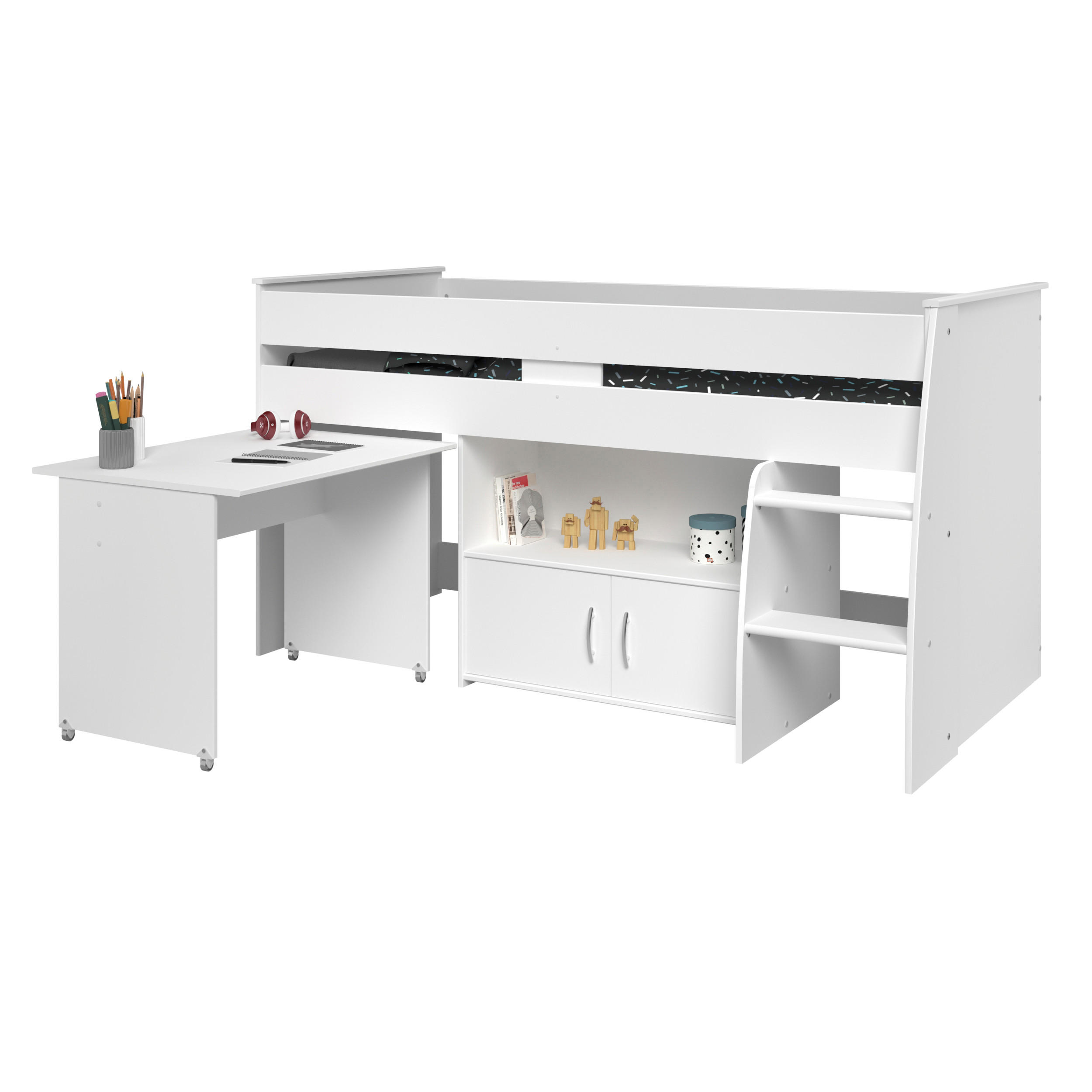 KOMBIBETT mit Schreibtisch und Stauraum - 90x200 cm - Reverse - Weiß, Holzwerkstoff (90/200cm) - Calicosy
