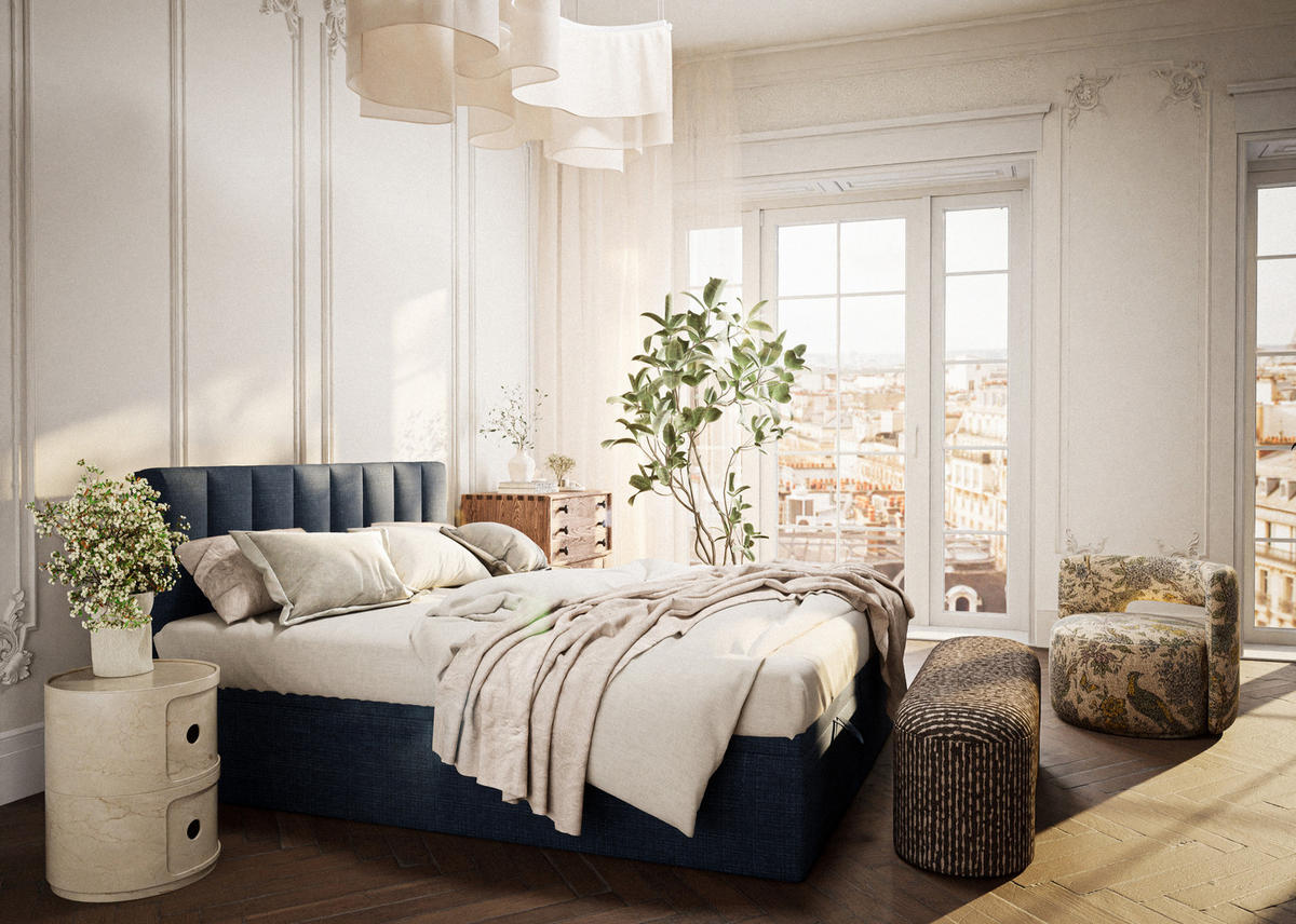 BOXBETT 180/200 cm Lovage S, in Marineblau, Matratze, gepolstertes Kopfteil, Bettkasten, H3 = fest - Schwarz/Dunkelblau, Holz/Holzwerkstoff (180/200cm) - Maison de Reve