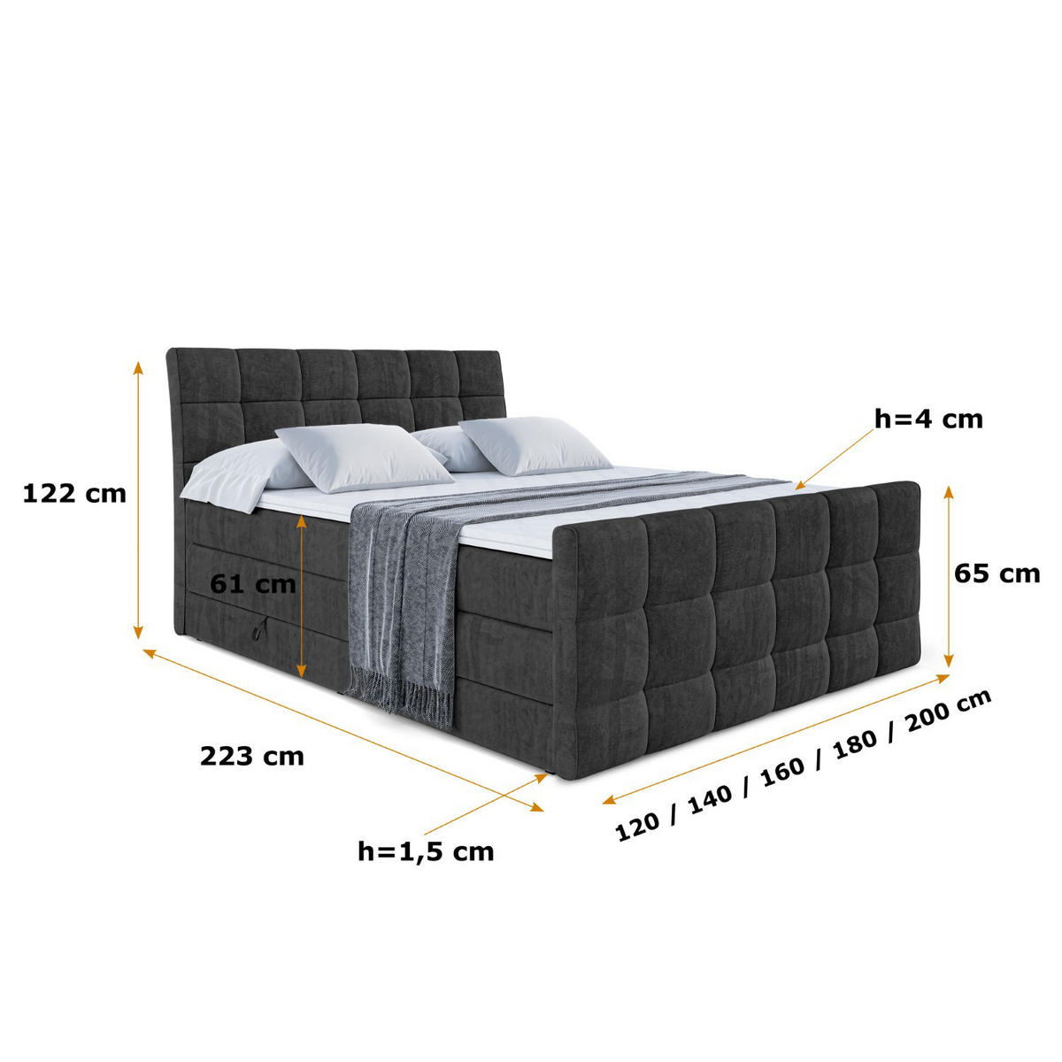BOXSPRINGBETT APO-Z KING - 120 x 200 - H3/H4 - Schwarz - Schwarz, Holzwerkstoff (120/200cm) - ALTDECOR